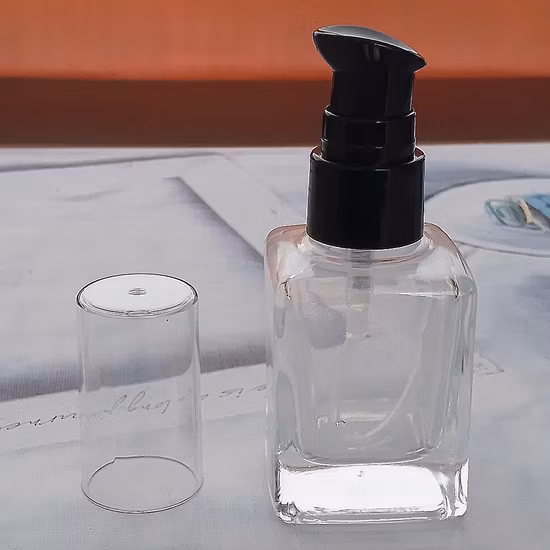 Superior Quality Square Transparent 35ml Glass Bottle with Pump Cosmetic Empty Foundation Bottle