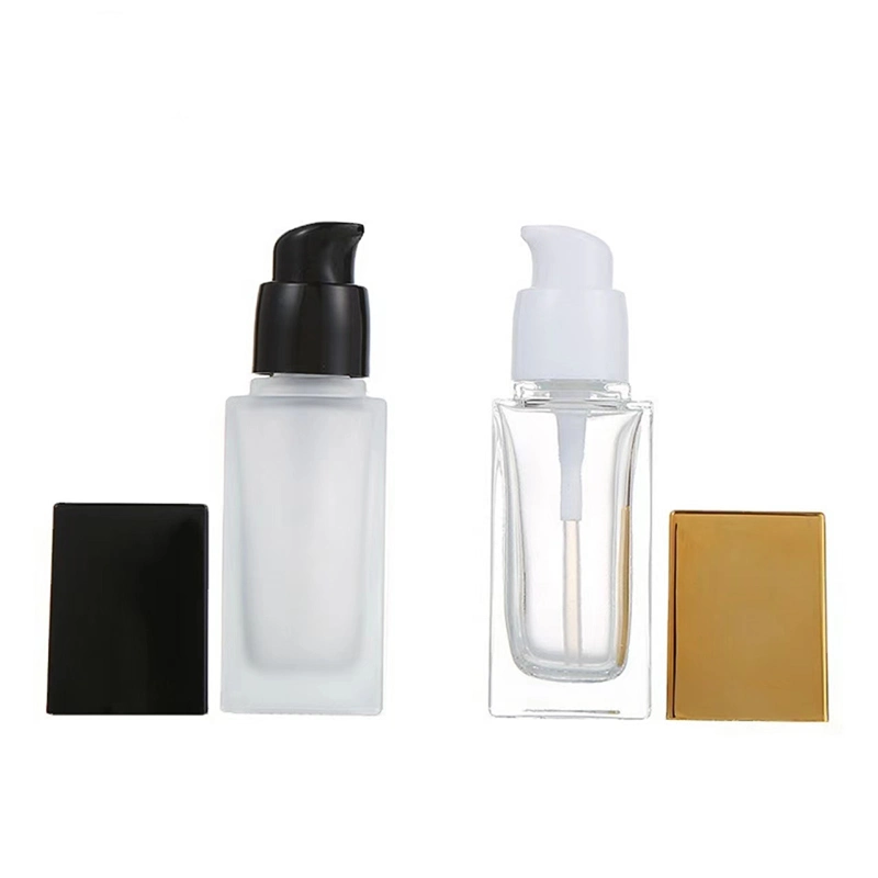 30ml Lotion Cosmetic Packaging Frosted Square Foundation Glass Bottle with PP Pump